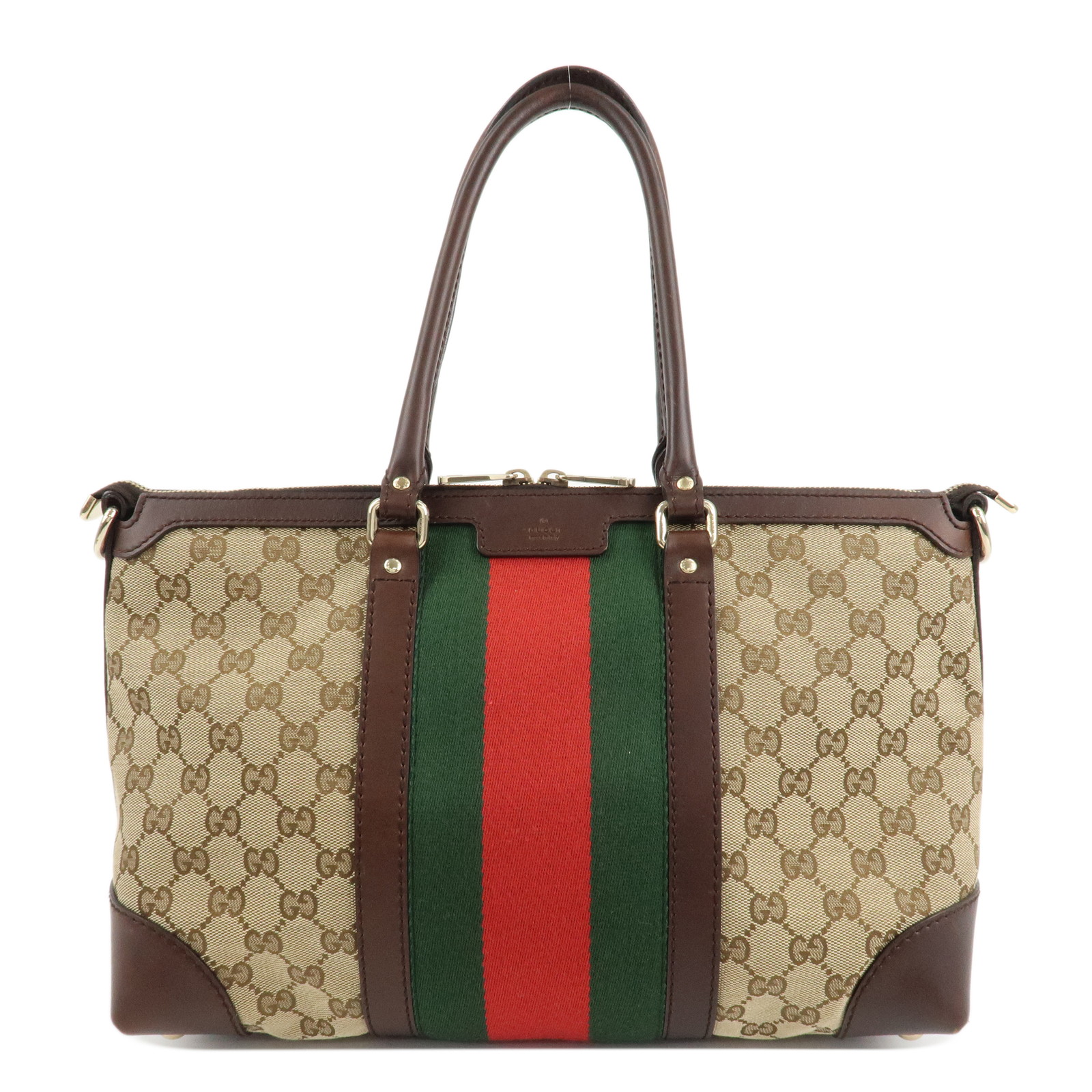 Authentic GUCCI Sherry GG Canvas Leather Tote Bag Beige