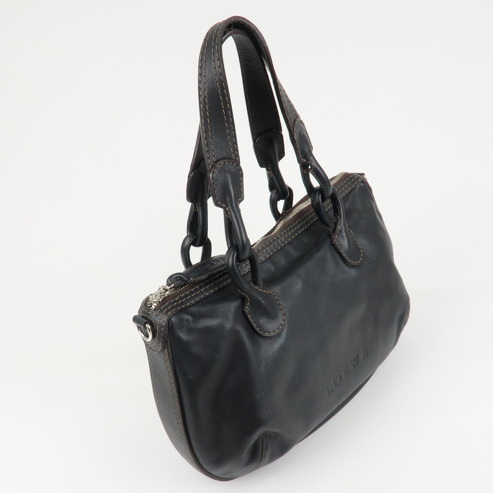 Authentic LOEWE Sangria Leather 2Way Tote Bag Black Silver